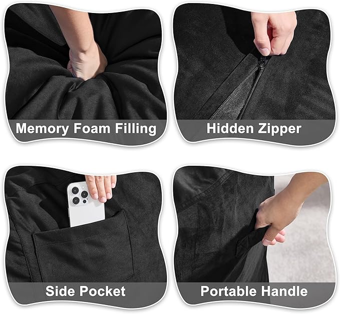 Hobestluk 6FT Bean Bag Chair Bean Bag Chairs for Adults Giant Bean Chairs with Velvet Cover, Memory Foam BeanBag Chair Fluffy BeanBag Chairs for Living Room, Bedroom- Black (70" x 70" x 15")