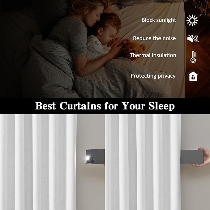 RAIN CITY Snow White Large Curtains 70 x 96 inch for Living Room Sliding Door 2 Panel Sets Back Tab Room Divider Pleated Linen Track Drapes for Bedroom Dining Room Farm House Cottage 8 Feet Long