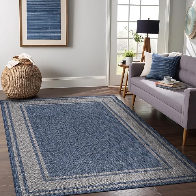 Beverly Rug Large Outdoor Rug 10x14 Modern Bordered Area Rugs for Indoor and Outdoor Patio Deck Porch Garden Waterproof Weather Sun Resistant Washable Outside Carpet (10 x 14 Navy)