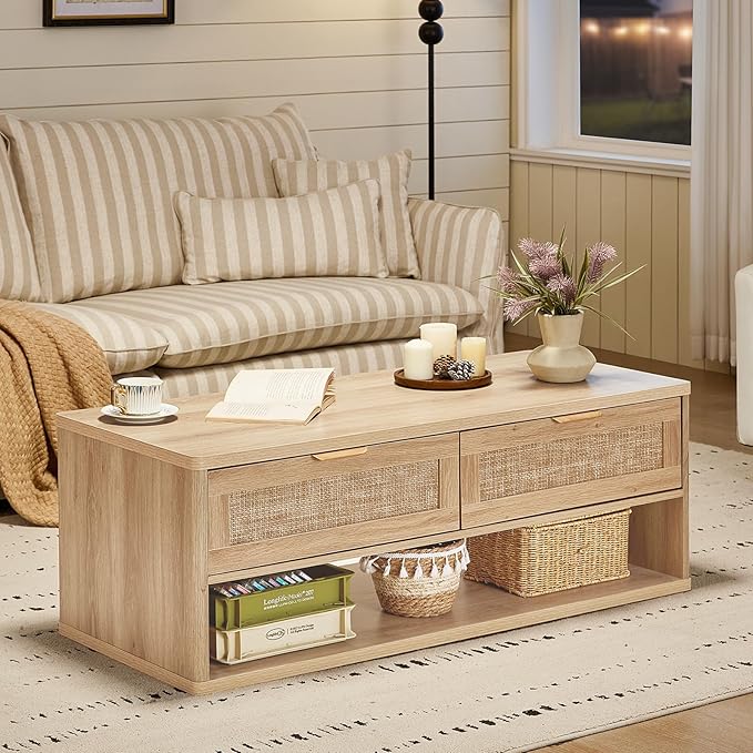 LEYAOYAO Boho Rattan Coffee Table and End Table Sets, 48" Wide Center Tables & 23" Night Stand with 3 Drawers, Natural Wood Coffee Table for Living Room 2 Piece Set
