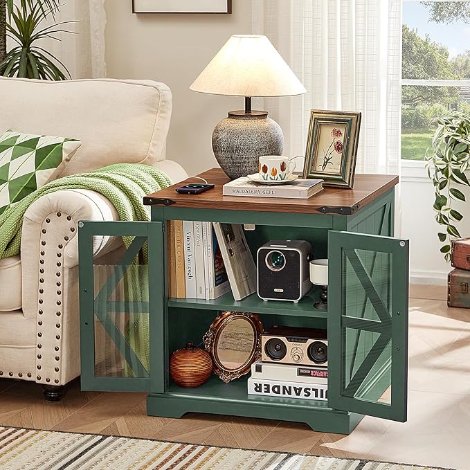 24" End Table Set of 2 with Charging Station, Farmhouse Night Stand with Glass Barn Door, Nightstands with Adjustable Storage Shelf, Large Wood Square Bed Side Table for Living Room, Bedroom