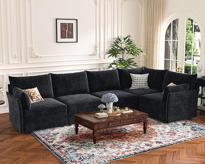 134.6" Modular Sectional Sofa, Oversized 4 Seater Couch with Removable Black Chenille Fabric Cover, Deep Seat & High Backrest for Living Room, Office & Apartment