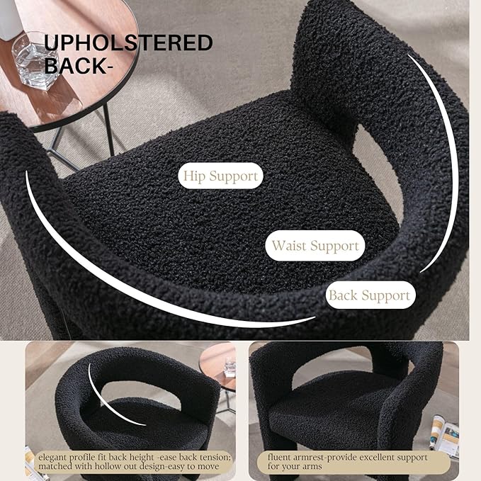Black Sherpa Dining Chairs Set of 6, Modern Barrel Dining Room Chairs Upholstered Faux Fur Accent Chair with Arms and Round Back for Living Room Kitchen Armchair No Assembly Needed