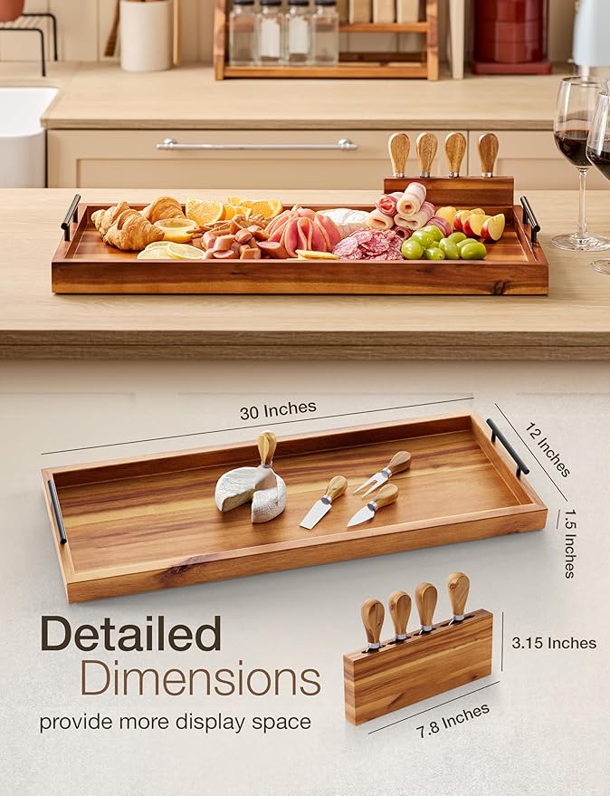 Acacia 30 Inch Large Charcuterie Board with Cheese Knife Set of 4 – Acacia Wood Serving Tray With Handles, Long Charcuterie Board, Large Charcuterie Boards for Party, Wooden Cheese Board
