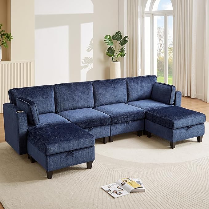 110" Modular Sectional Sofa, Convertible Sleeper Sofa Couch Bed with Adjustable Backrest, U-Shaped Chenille Cloud Couch with Ottoman Storage, Deep Seat Couches for Living Room,Blue