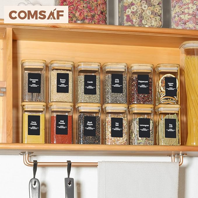 ComSaf 6Pcs 8oz Spice Jars with Label Trial Set, Glass Spice Jars with Bamboo Lids Supplementary Set, Seasoning Container Trial Pack, Perfect for Ktichen Starter