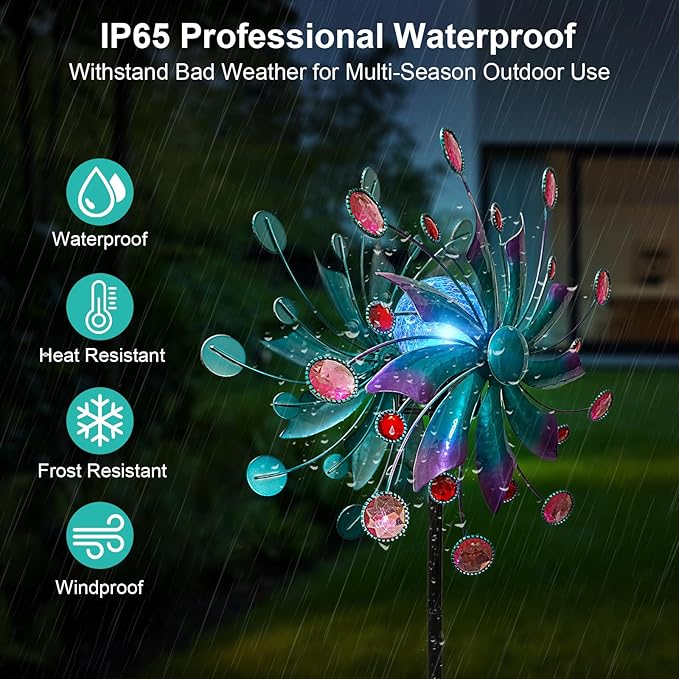 360°Solar Wind Spinner with Lights Blue Metal Garden Outdoor Decor Yard Lawn Art Decor for Patio Kinetic Windmills Unique Gifts for Friends and Family 60.63'' H x 13.38'' Dia