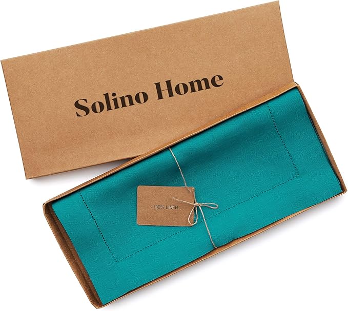 Solino Home Linen Hemstitch Table Runner 48 Inches - 100% Pure Linen Teal Table Runner 14 x 48 Inch Ideal for Dresser and Coffee Tables - Fall, Autumn, Thanksgiving - Classic Hemstitch