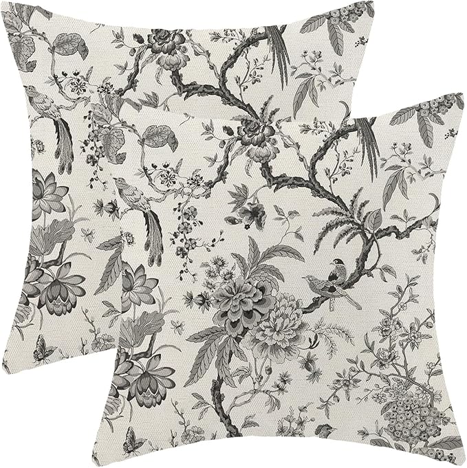 CXMEIFLY Spring Floral Birds Pillow Covers 18 x 18 Inch Set of 2 for Chinoiserie Flowers Decor Throw Pillows Black and White Plant Outdoor Decorative Cushion Cases for Couch Bed Decorations