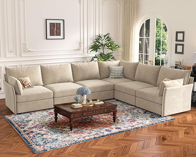 135.5" Oversized Modular Sectional Sofa, L Shaped Convertible Couch with Movable Ottoman, Large 6 Seat Corner Couches for Living Room Deep Seat Beige Chenille