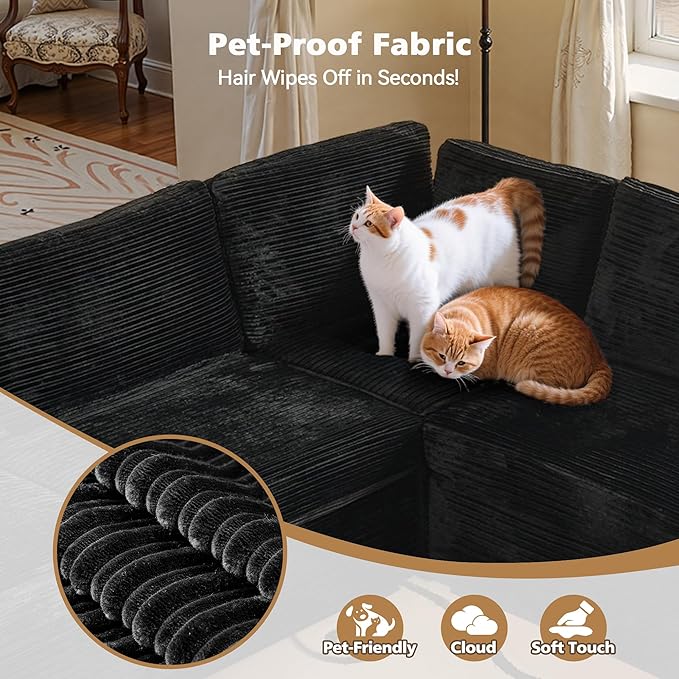 Modular Sectional Sofa, 130.7" L Shaped Couch Set for Living Room, 4-Seater Comfy Cloud Couches with Movable Ottoman, DIY Combination, Plush Corduroy, Black