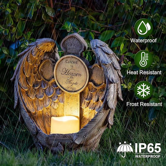 12" Solar Angel Wing Cross Garden Lights, Waterproof Memorial Grave Decorations Sympathy Gifts for Cemetery Outdoors Lawn Yard Home Patio Decor