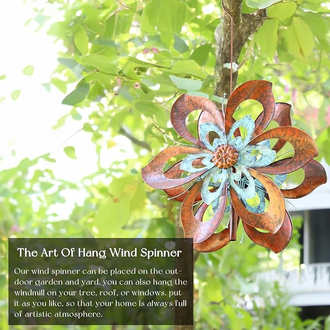 Garden Wind Spinner,Flower Wind Spinner,Outdoor Metal Wind Sculpture & Spinner Large 23 inch Dia 84 inch Height Kinetic Windmill for Garden Yard
