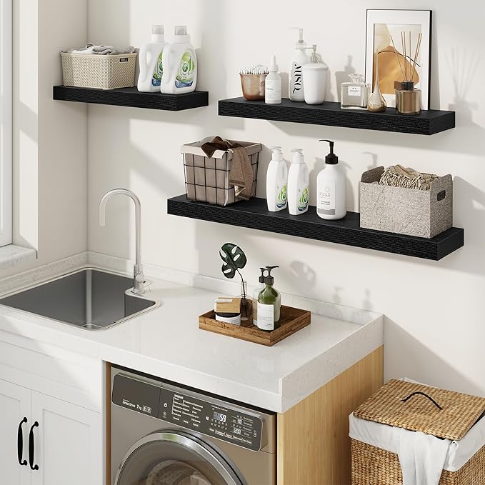 fuqing Floating Shelves for Wall, Bathroom Shelf Wall Mounted for Storage, Shelves with Invisible Bracket for Bedroom, Kitchen, Living Room, Farmhouse Small Book Shelf, 30 Inch Set of 2, Black