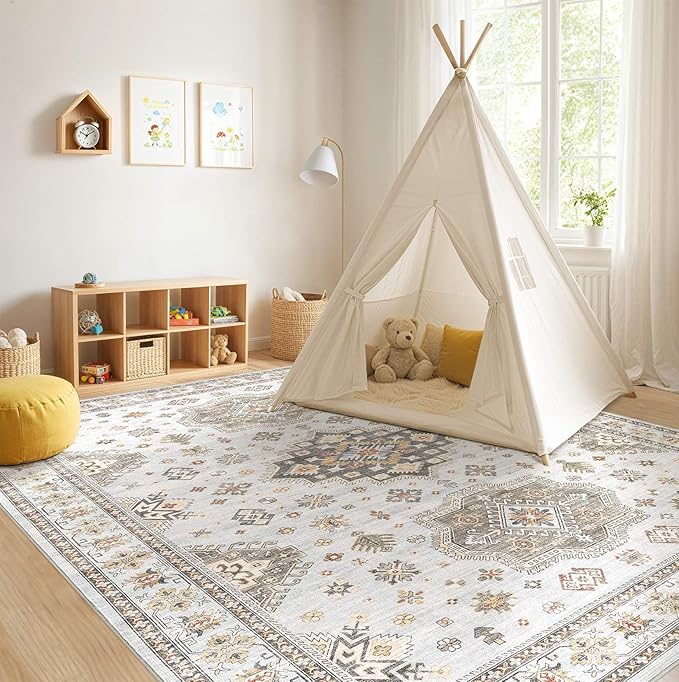 Washable Area Rugs for Living Room -10x13 Neutral Vintage Distressed Floral Farmhouse Boho Large Soft Floor Rug Indoor Non Slip Carpet for Living Room Bedroom Dining Room Office-Blue Brown