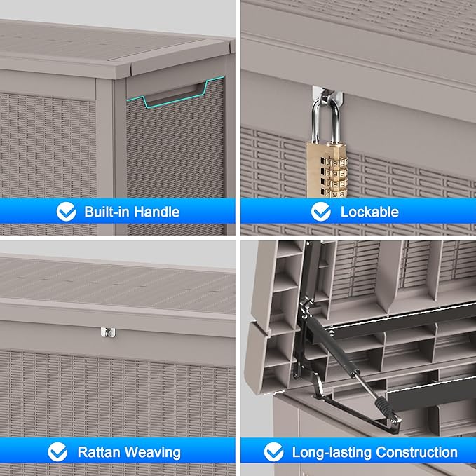 260 Gallon Deck Box XXL Large Outdoor Storage for Patio Furniture,Outdoor Cushions,Garden Tools and Pool Supplies,Waterproof,Resin,Lockable(Grey Rattan)