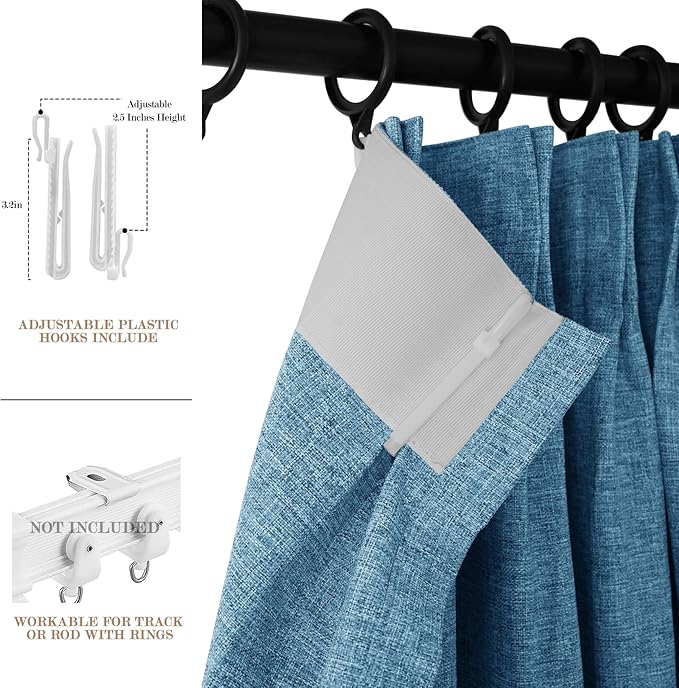 100" W x 84" L Faux Linen Room Divider Curtains, Full Blackout Pinch Pleated Drapes for Traverse Rod, Bedroom Divider Privacy Drapery with Hooks for Ceiling Track, 1 Panel, Blue