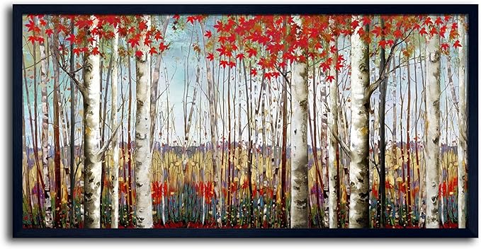 Large Framed Wall Art for Living Room Bedroom Modern Wall Decor of Red Leaves White Birch Tree Forest Giclee Painting Artwork Wall Decoration 29x58 Large Size Black Framed