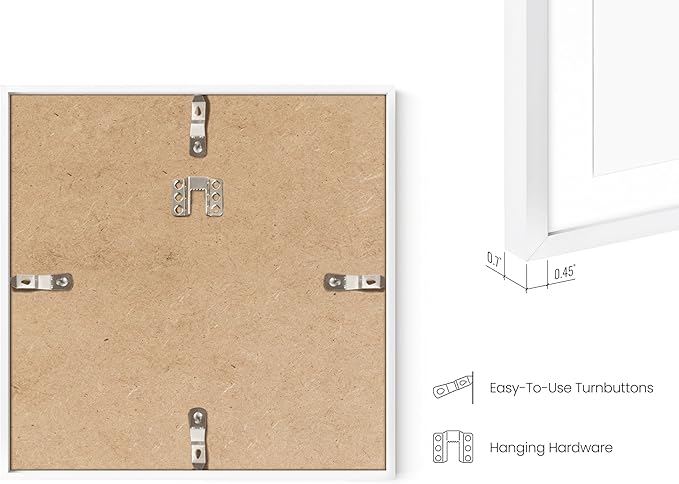 HAUS AND HUES 10x10 White Metal Picture Frame Matted to 5x5 - Features Vertical & Horizontal Hanging, Shatterproof Plexiglass - Ideal for Home, Room, Office (10x10 in, White, Set of 1)