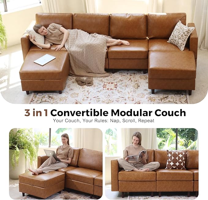Faux Leather Single Sofa, Modern Accent Chair Brown with Storage Deep Seat Large Reading Armchair for Living Room Bedroom Office
