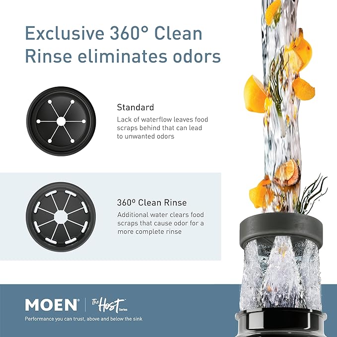 Moen Host Series Garbage Disposal for Kitchen Sink with Power Cord, Control Activation, Sound Reduction, GXB75C