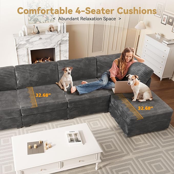 Modular Sectional Sofa with Chaise U Shaped Sectional Couch for Living Room, 7-Seater Comfy Cloud Couches, Plush Corduroy, Gray