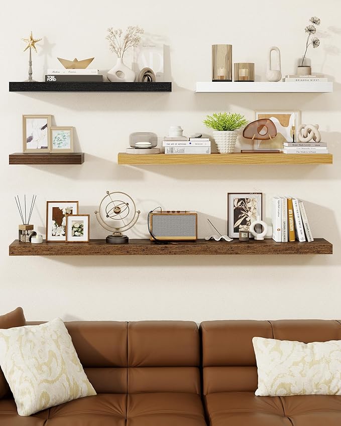 Marsmiles 31.5" Floating Shelves for Wall, Wooden Shelves with Invisible Brackets Set of 2, Rustic Farmhouse Wall Mounted Shelf for Kitchen Bathroom Living Room Study, Walnut