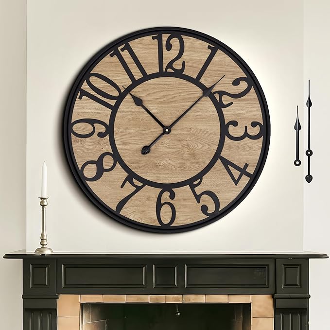 Large Wall Clock for Living Room Decor - Non-Ticking, Battery Operated Modern Vintage Wood Clock for Bedroom, Kitchen, Farmhouse, Office - Oversized Decorative Silent Clock