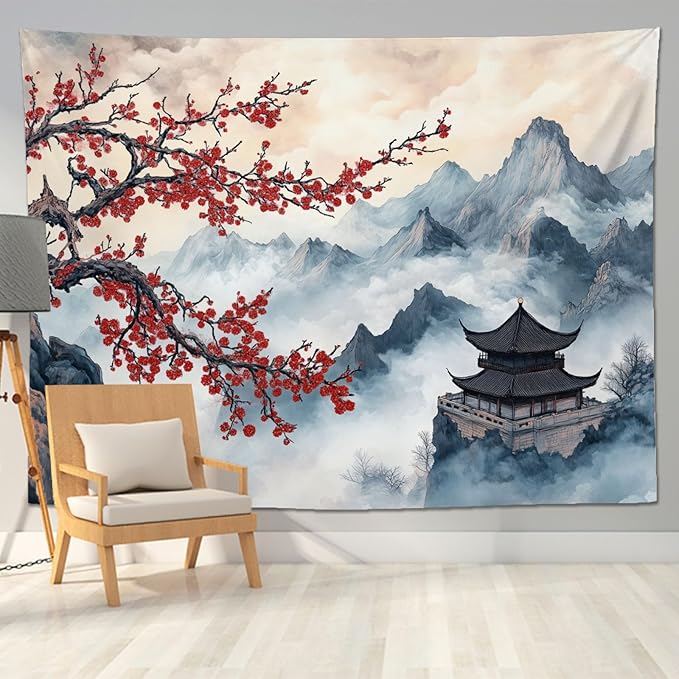 keowhsf Japanese Tapestry Aesthetic Wall Decor – Watercolor Ink Landscape with Red Plum Blossoms and Misty Mountains, Asian Art Hanging for Bedroom, Living Room, Dorm