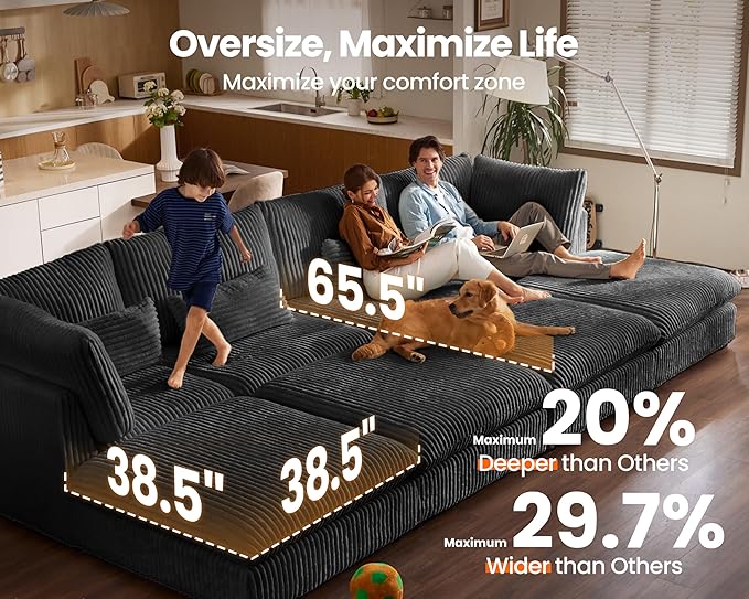 Oversized Modular Sofa, Extra Deep Cloud Corduroy Sectional Couch with Ottoman Chaise, Fluffy Corduroy 4 Seater Couch Bed for Living Room, Villa (Sofa Bed 4 Seater, Corduroy Black)
