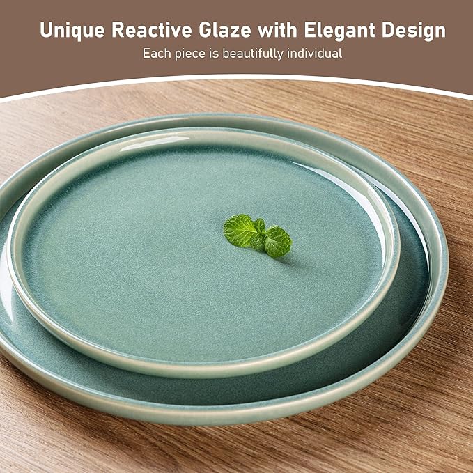 GBHOME Ceramic Dinnerware Sets for 4, 12 Pieces Stoneware Plates and Bowls Sets, Scratch Resistant Dishes, Dishwasher & Microwave Safe, Reactive Glaze-Malachite Green