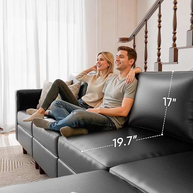 118.5" Faux Leather Modular Sectional Sofa, L Shaped Couch Set for Living Room, 7-Seater Comfy Cloud Couches with Storage Seat Black