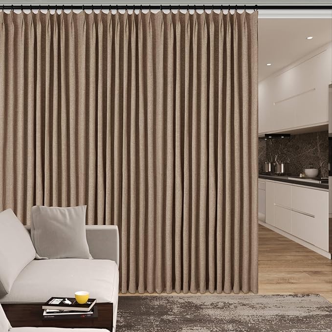 100% Blackout Linen Textured Drapes for Bedroom Pinch Pleated Curtains for Track System Portable Drapery for Sliding Glass Door/Storage/Space Room Divider, 70" Wx96 L, 1 PC, Taupe