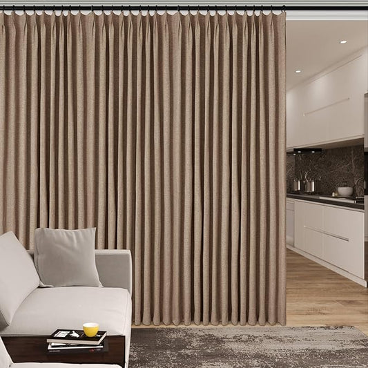 120" Wx102 L Linen Room Divider Drapes for Doorway/Glass Window/Sliding Door/Patio, Extra Wide Pinch Pleated Full Blackout Curtains for Girls Boys Teen Kids Room, 1 Panel, Taupe