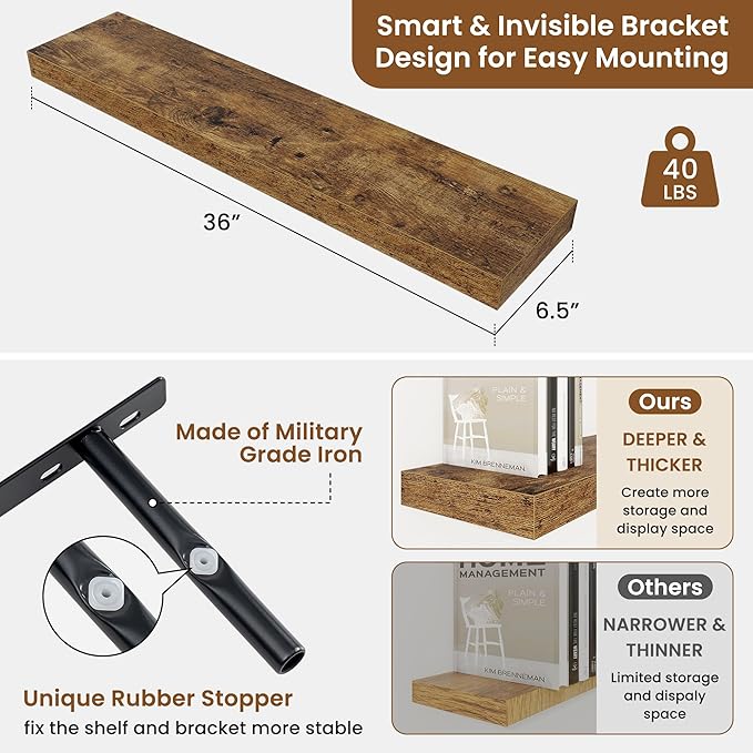 fuqing Floating Shelves for Wall, Bathroom Shelf Wall Mounted for Storage, Shelves with Invisible Bracket for Bedroom, Kitchen, Living Room, Farmhouse Small Book Shelf, 36 Inch Set of 2, Rustic Brown