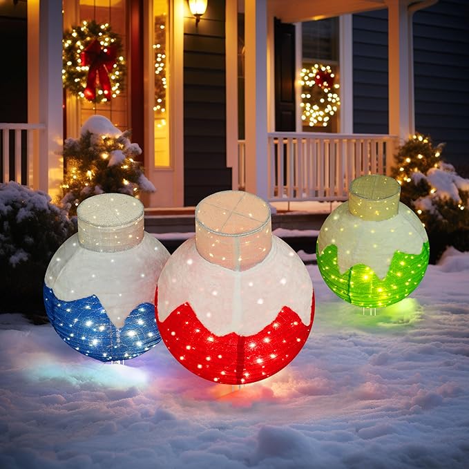 36 Inch Pop-Up Christmas Ball with 90 LED Lights for Outdoor Xmas Decor, 3-Piece Pre-Lit Iridescent Christmas Ball Ornaments Decor with Base, Outdoor 3D Glittered Standing Holiday Display