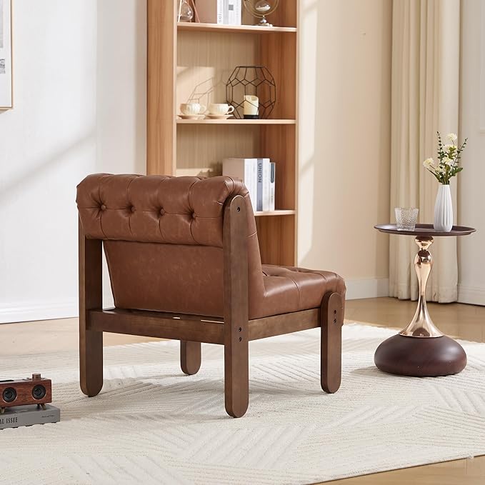Modern Armless Accent Chair Set of 2 for Living Room, Brown PU Leather Button Tufted Upholstered Lounge Reading Chair with Walnut Wood Frame