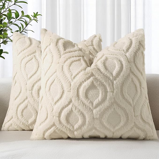 decorUhome Fall Throw Pillow Covers 26x26 Inch Set of 2, Soft Plush Decorative Faux Fur Beige Solid Couch Pillow Covers, Accent Farmhouse Neutral Square Euro Pillow Cases for Sofa Bed Living Room