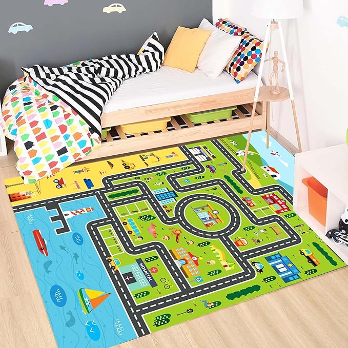 Kids Rug Playroom Car Rug Play Mat City Life Road Rugs Fun City Map for Kids Toy Cars Carpet for Bedroom Boys (Green-Rug, 3.3x4.9ft)