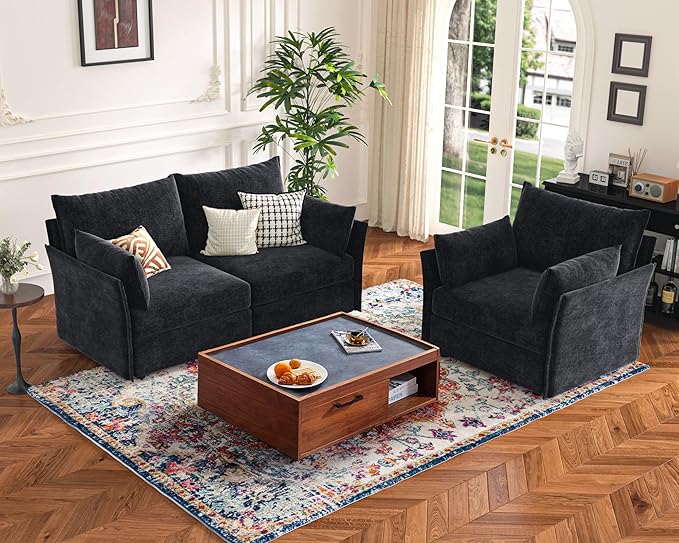136.4" Oversized Modular Sectional Sleeper Sofa Bed, U Shaped Convertible Couch with Movable Ottoman, Large 8 Seat Corner Couches for Living Room Deep Seat Black Chenille