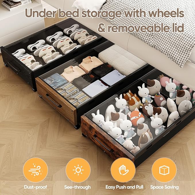 Wooden Under Bed Storage with Wheels, Rolling Under the Bed Storage Bins with Removable Lid, Metal Under Bed Drawers for Clothes and Shoes in Bedroom or Living Room(Vintage Brown-1pack)