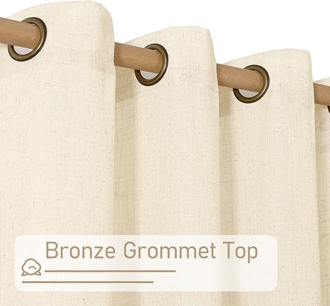 LAMIT 102 inches Long Sheer Linen Curtains, Linen Textured Light Filtering Semi Sheer Bronze Grommet Natural Boho Drapes for Living Room/Farmhouse, 2 Panels, Beige, 52 x 102 Inch