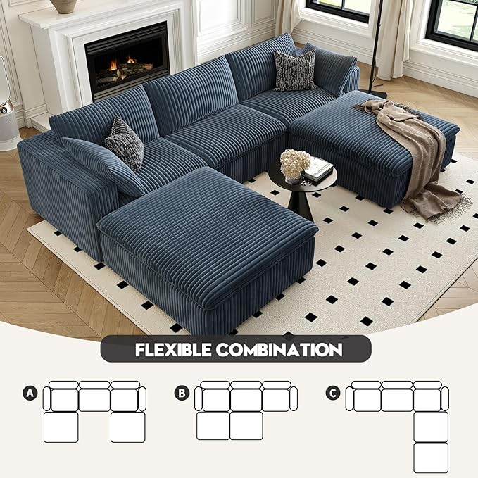 118" Cloud Couch Modular Sectional Sofa for Living Room,Modern Sofa with Deep Seat，U-Shape Boneless Couch with 2 Ottoman,Comfy Upholstered Corduroy Couches for Apartment, Studio, Office,Bedroom，Blue