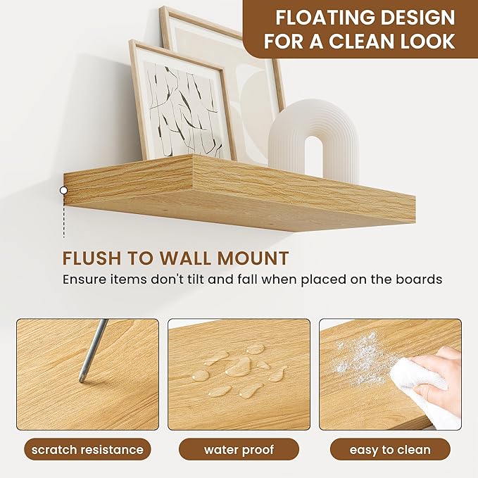 fuqing Floating Shelves for Wall, Bathroom Shelf Wall Mounted for Storage, Shelves with Invisible Bracket for Bedroom, Kitchen, Living Room, Farmhouse Small Book Shelf, 16 Inch Set of 2, Oak