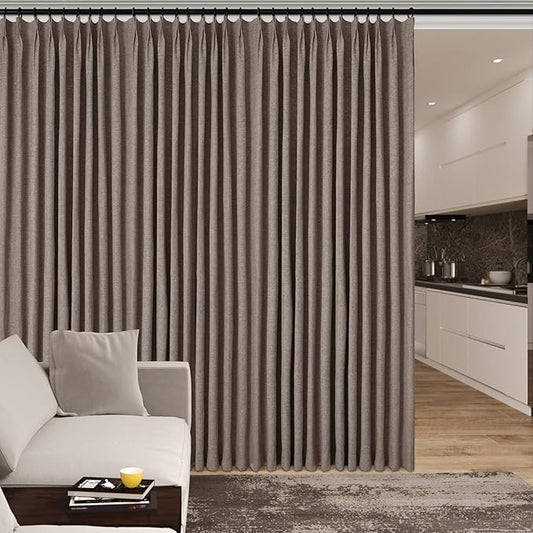 100% Blackout Linen Textured Drapes for Bedroom Pinch Pleated Curtains for Track System Portable Drapery for Sliding Glass Door/Storage/Space Room Divider, 70" Wx102 L, 1 PC, Light Coffee