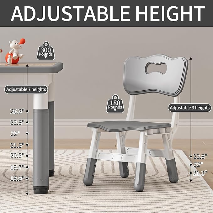 Kid Table and Chairs, Height Adjustable Childrens Table and Chair Set, Kids Tables for Age 2-8, Graffiti Desktop, Table for Kids with 4 Seats, Small Kids Table, Max 300lbs