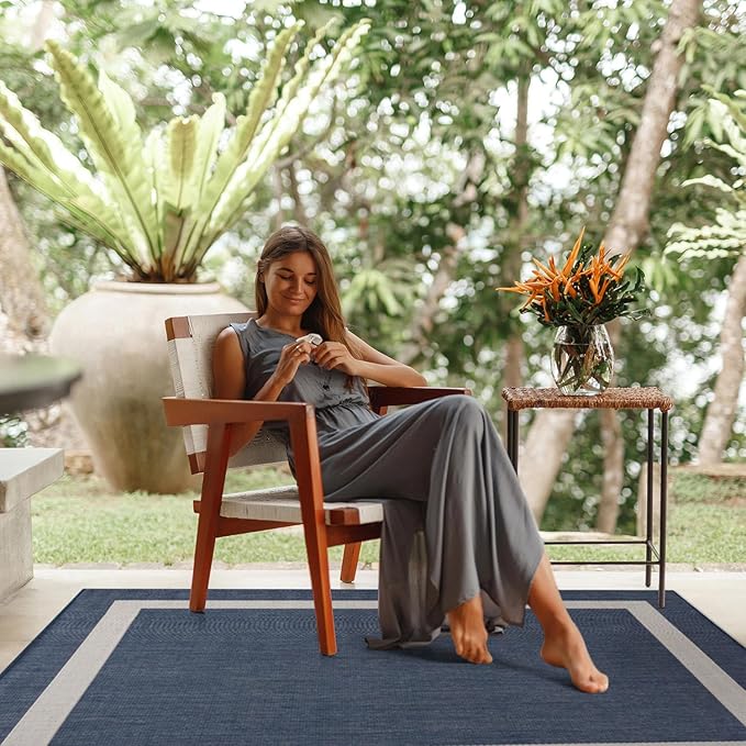 CAMILSON Outdoor Rug 10x14, Large Modern Outside Rugs for Patios Porches Waterproof Durable Washable Non-Shedding, Easy-to-Clean Indoor Outdoor Area Carpet (10 x 14, Bordered - Blue/White)