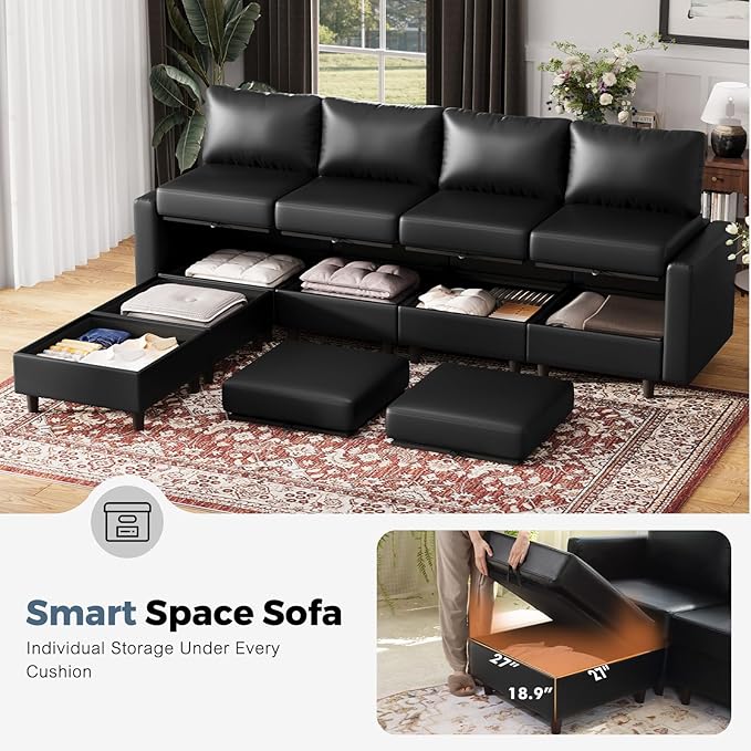118.5" Faux Leather Modular Sectional Sofa, L Shaped Couch Set for Living Room, 7-Seater Comfy Cloud Couches with Storage Seat Black