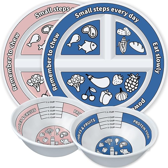 4 Pcs Portion Control Plates & Bowls Set (2 Plates + 2 Bowls, 9 Inch) - Self-Measuring for Weight Loss, Gastric Bypass, LapBand, Diabetes & Healthy Diets, Pink & Blue, for Adults & Children