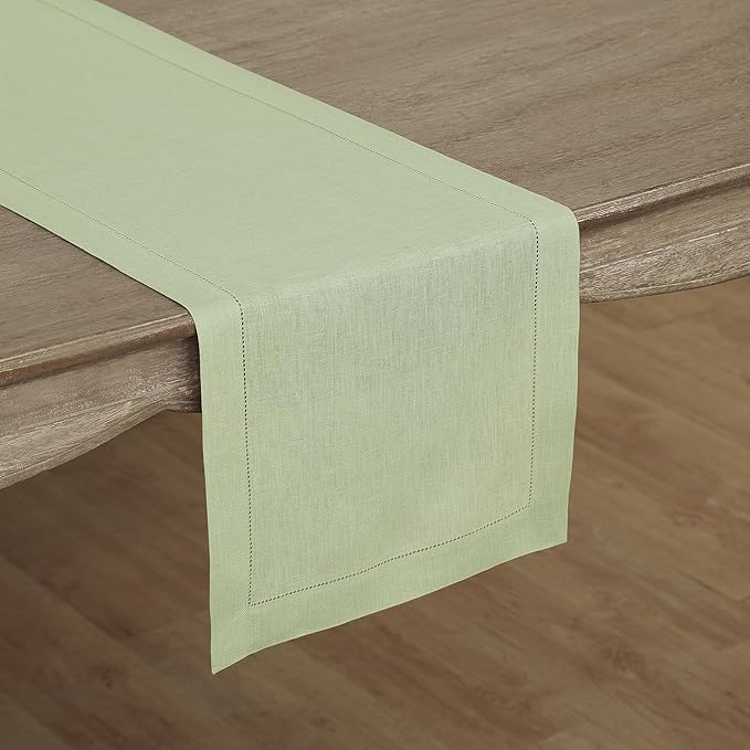 Solino Home Linen Sage Green Table Runner 72 Inches Long - 100% Pure Linen Hemstitch Table Runner 14 x 72 Inch for Dresser, Dining, Fall, Autumn, Halloween, Thanksgiving - Classic Hemstitch